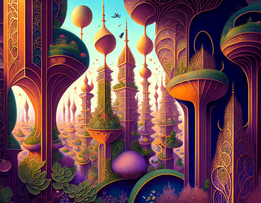 Fantastical landscape with onion-domed towers and floating orbs