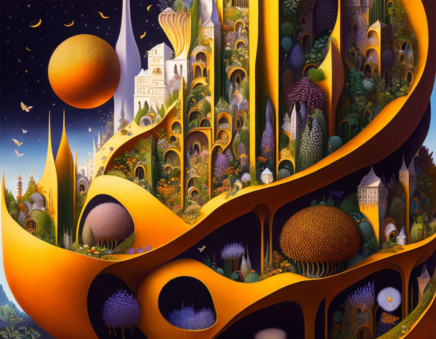 Golden surreal landscape with swirling structures and fantastical architecture under starry sky
