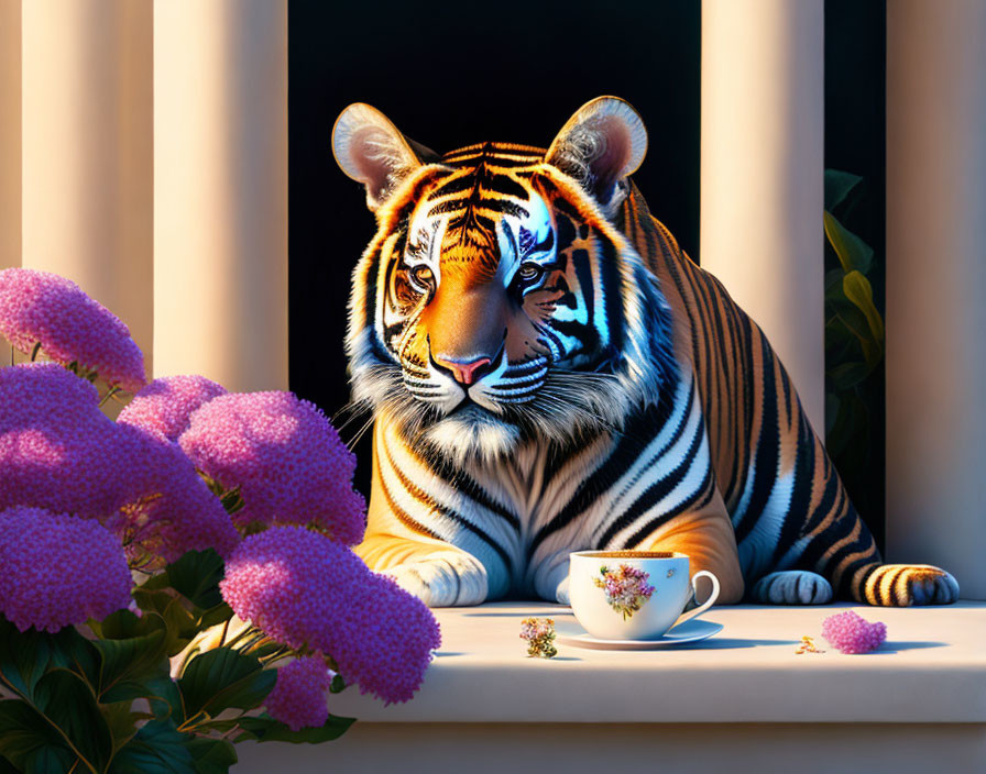 Tiger resting by window with teacup and purple flowers