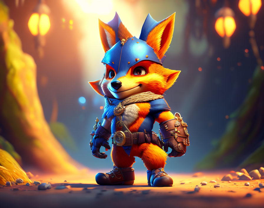 Fox character with futuristic gear in vibrant forest setting