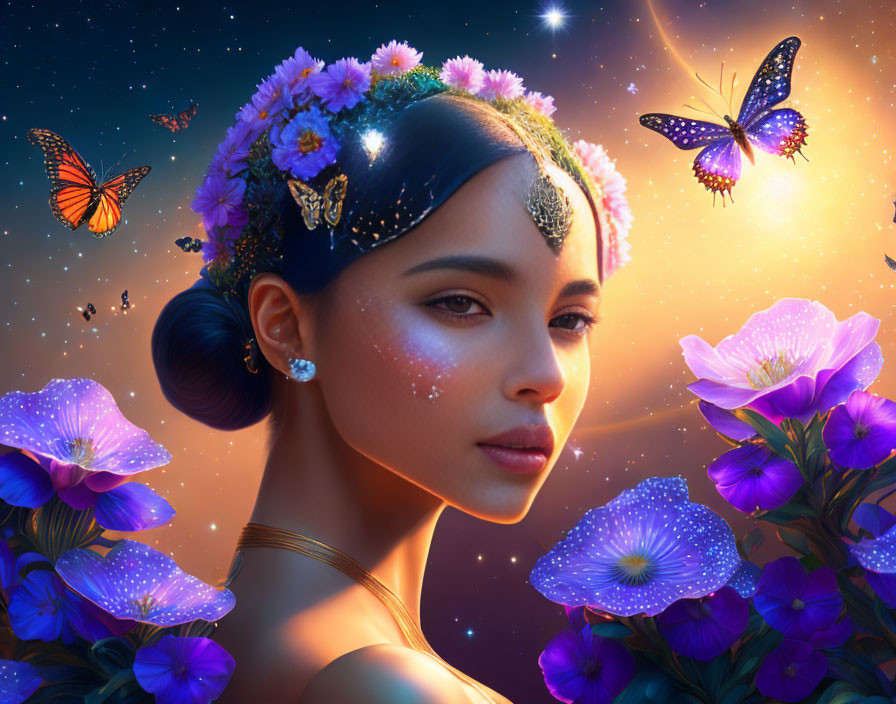 Digital artwork featuring woman with floral adornments and butterflies in starry setting