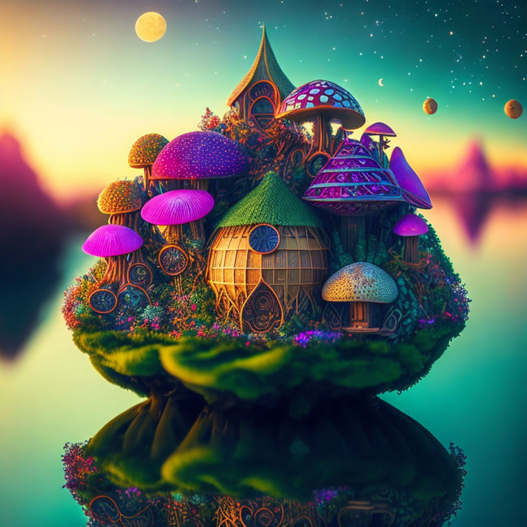 Vibrant fantasy mushroom houses on floating island at sunset