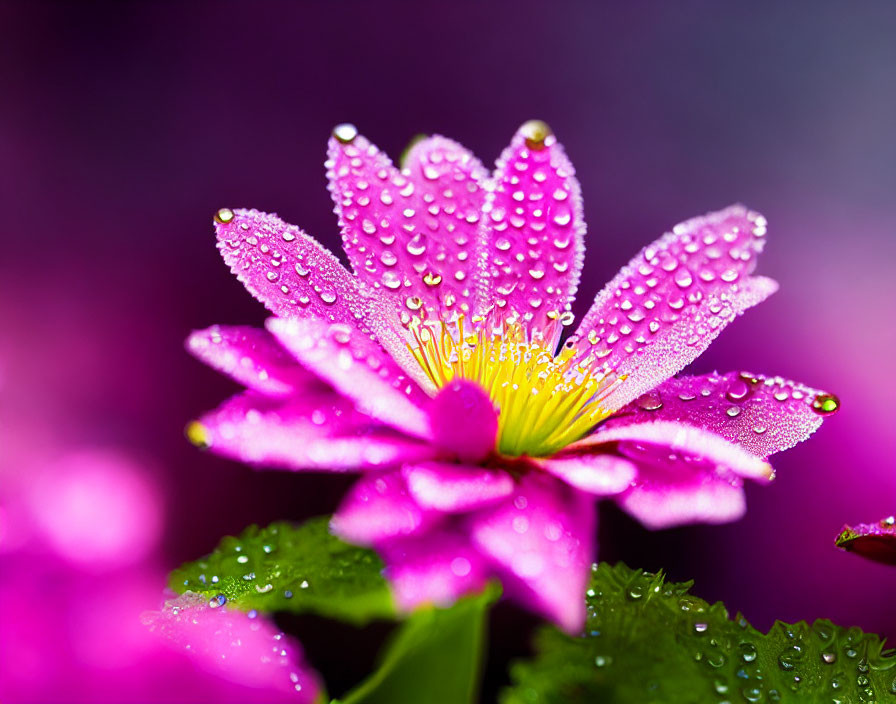 Vivid Pink Flower with Dew Drops on Petals against Purple Background