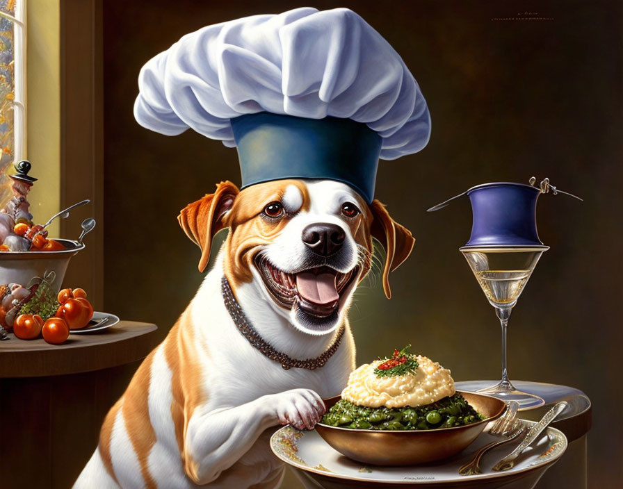 Adorable dog in chef's hat serves gourmet dish and dessert on elegant tableware