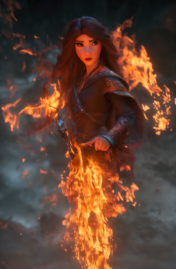 Animated Female Character with Flowing Hair Amid Flames