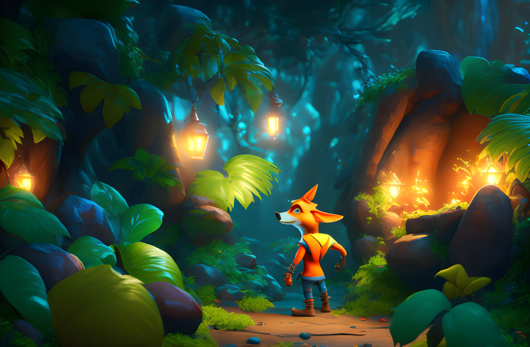 Anthropomorphic fox in clothes in mystical forest with lanterns