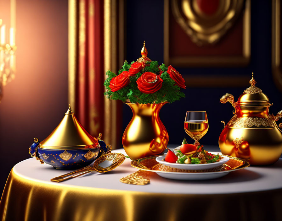 Luxurious Dining Setup with Golden Tableware and Red Flower Centerpiece