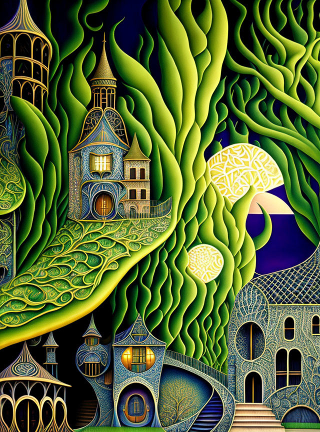 Fantasy illustration: Whimsical village with flowing green shapes and intricate buildings