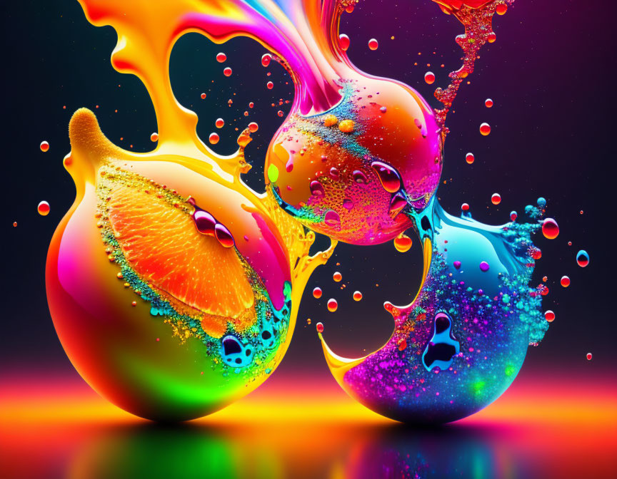 Colorful liquid splashes resembling balloons on glossy surface against dark background