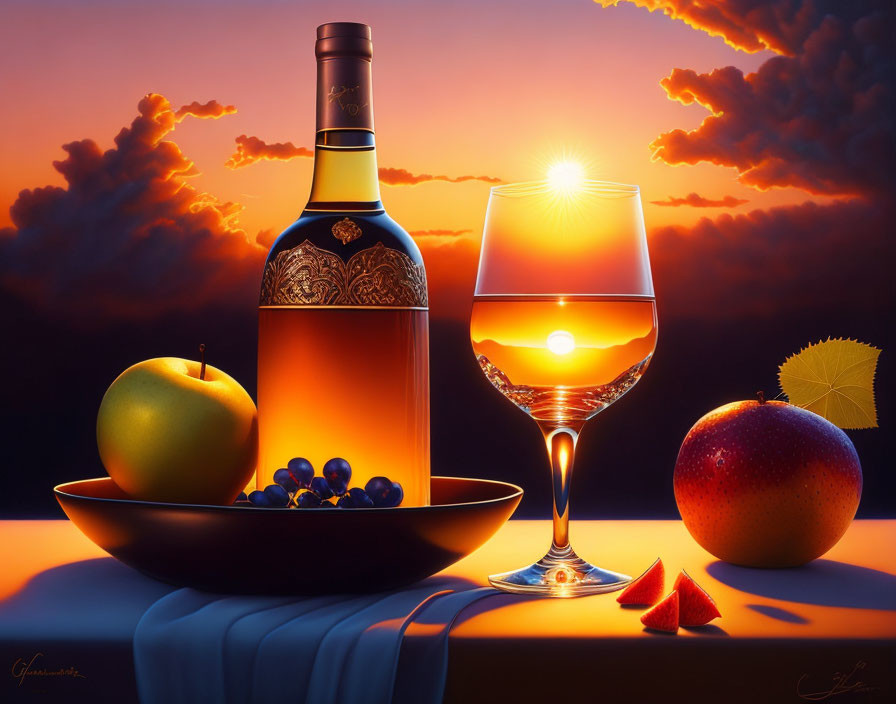 Still life with wine bottle, glass, fruits, and sunset backdrop