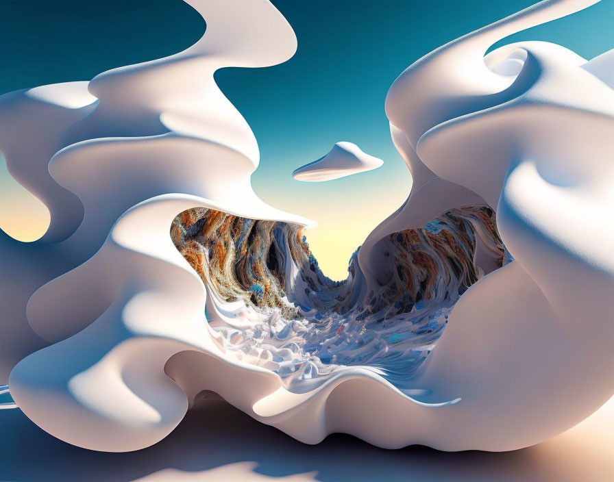 Surreal landscape with melting forms and marble-like texture under a sky at dawn or dusk