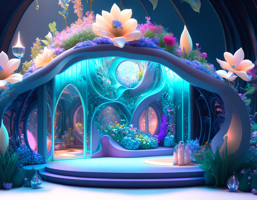 Enchanting indoor garden with glowing flowers and whimsical treehouse in blue and purple ambiance