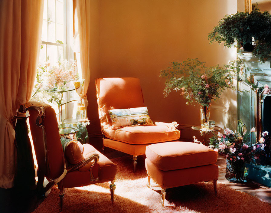 Vintage Room with Orange Chaise Lounge and Green Plants