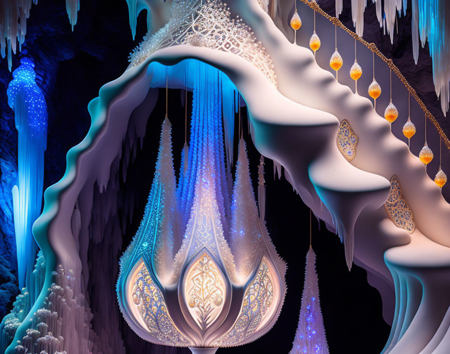 Fantasy grotto with glowing blue icicles and delicate white lace structures