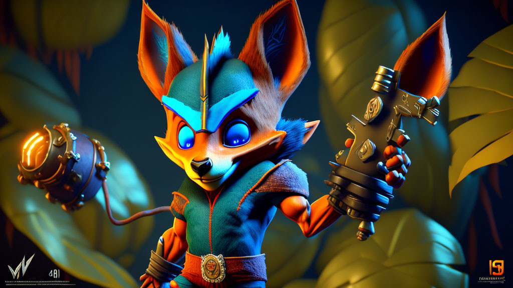 Orange fox in goggles and blue outfit with futuristic weapon in adventurous pose among stylised leaves