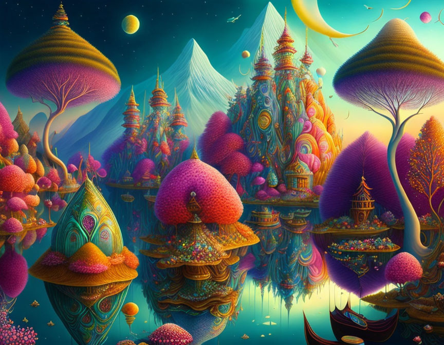 Fantasy landscape with mushroom-like structures and vibrant trees under a starry sky.