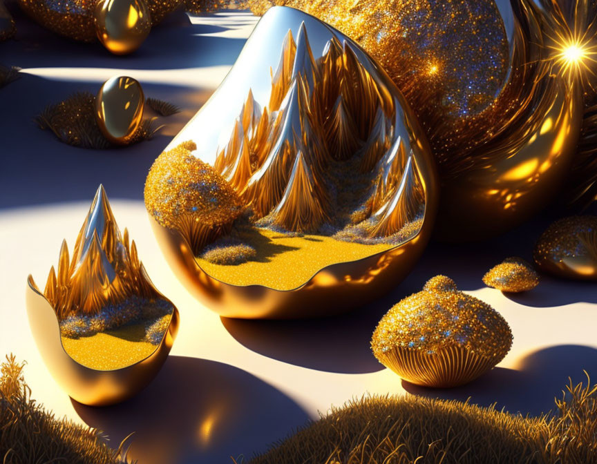 Intricate golden fluid shapes with tree-like structures on sparkling sandy surface