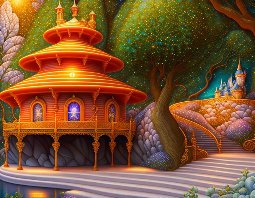 Colorful illustration: Whimsical wooden palace, starry tree, fairy-tale castle