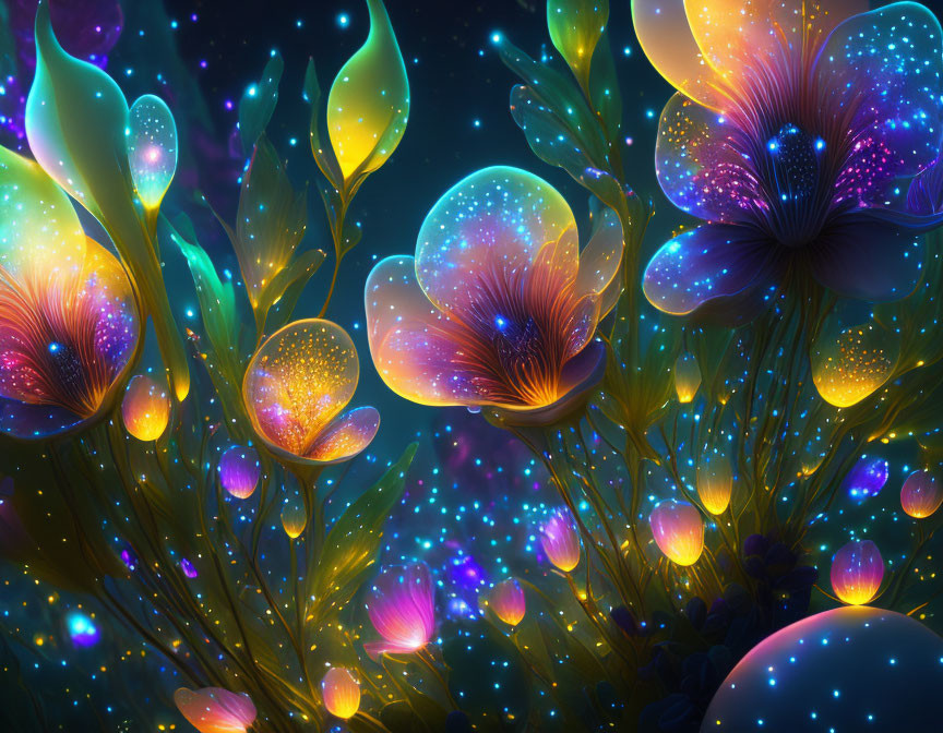 Colorful neon glowing flowers and plants in a fantasy setting with sparkling lights
