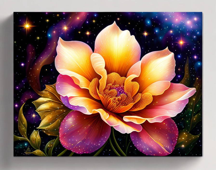 Colorful cosmic artwork: large golden-pink flower against starry background