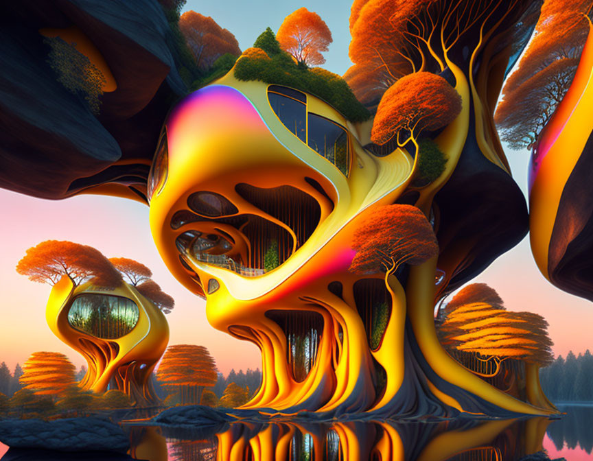 Surreal digital artwork: melting structures amid autumn trees