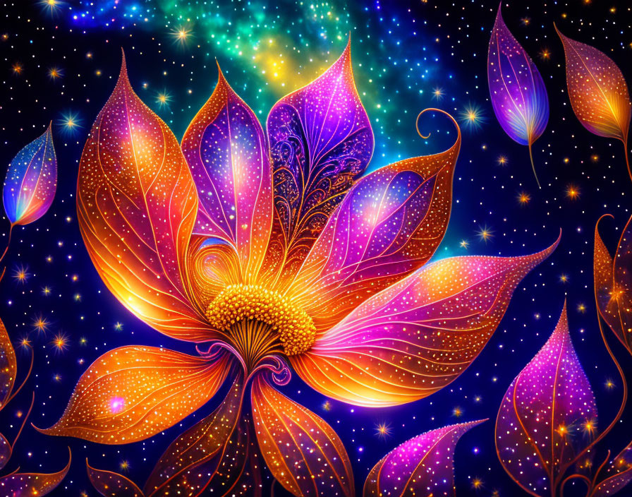 Luminous floral digital art in cosmic setting