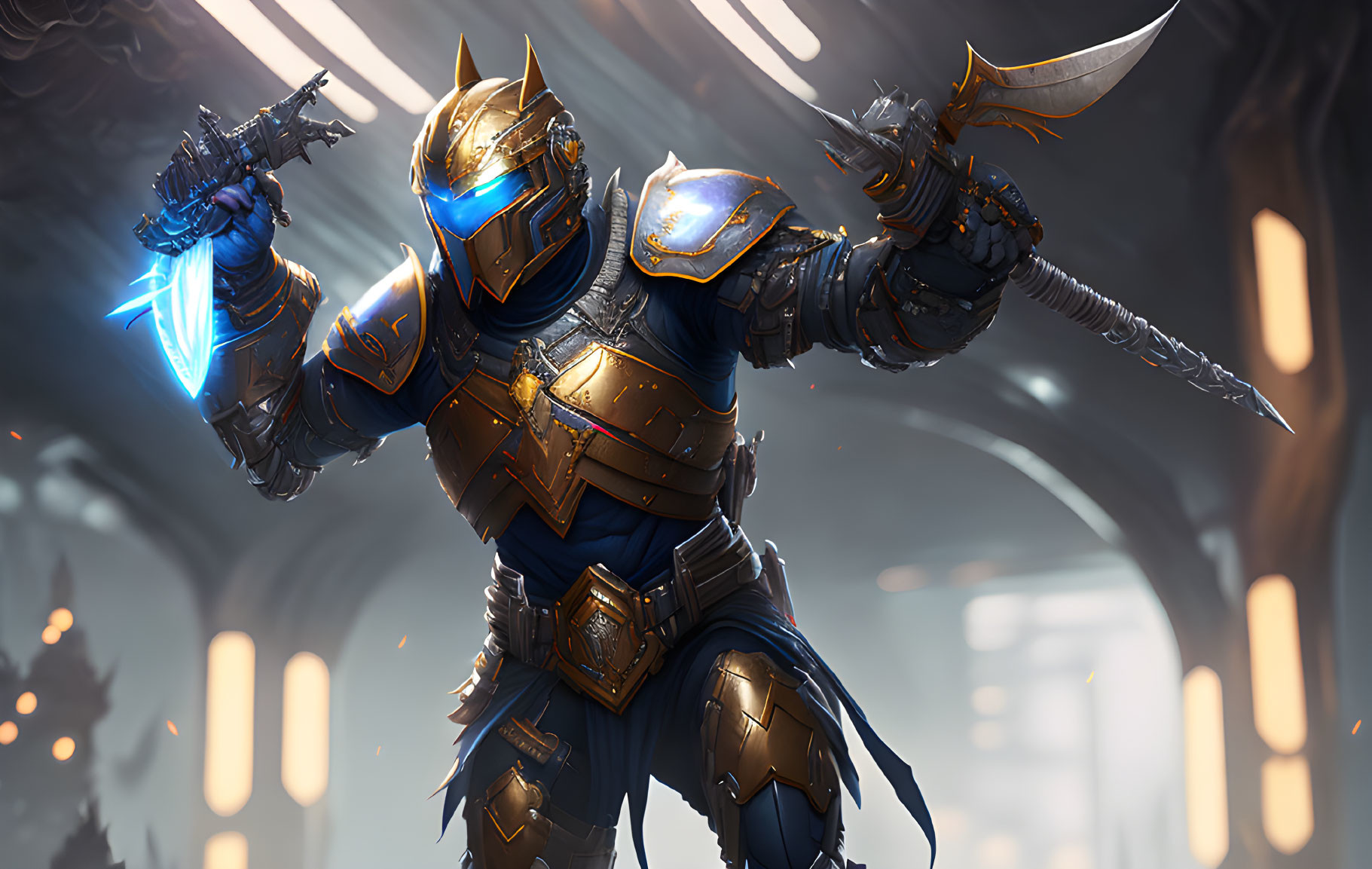 Futuristic knight in blue and gold armor with energy sword in grand hall