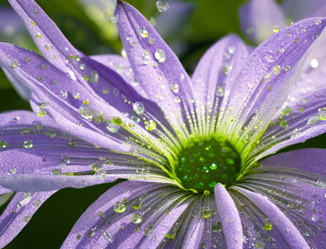 Purple Flower with Water Droplets: Detailed Petal Textures & Green Center