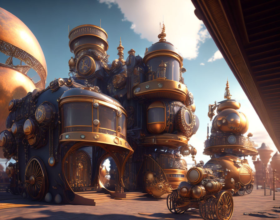 Steampunk cityscape with ornate buildings and brass domes
