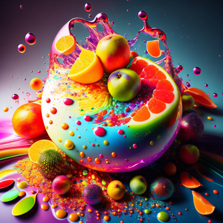 Colorful surreal composition: fruits and liquids splash on dark background
