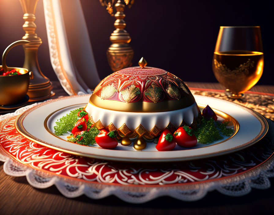 Ornate dome-shaped dish with greens and tomatoes on red and white placemat