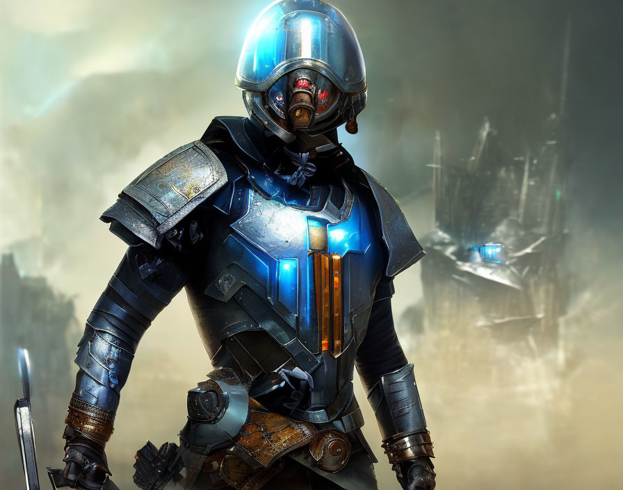 Armored futuristic soldier with glowing blue chest piece in war-torn setting