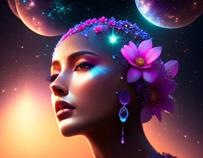 Surreal portrait of woman with glowing skin and celestial backdrop