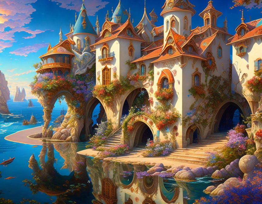Enchanting coastal village with fairytale houses and colorful flowers
