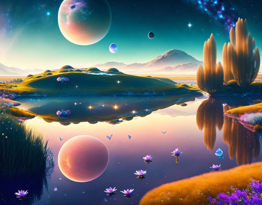 Colorful fantasy landscape with hills, flowers, water, planets, and stars