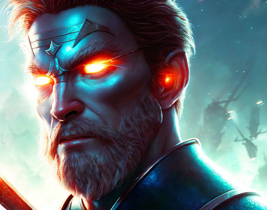 Bearded male character with red glowing eyes in cosmic setting