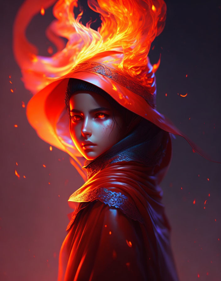 Mystical female figure with fiery hair and red cloak on dark background