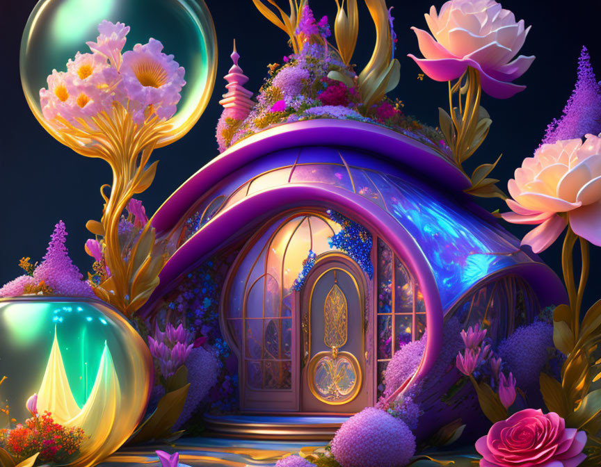 Colorful fantasy illustration of whimsical house with curved structure and vibrant flowers under ethereal light