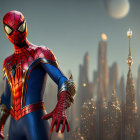 Person in Spider-Man Costume with Cityscape Background and Glowing Orbs