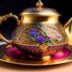 Golden Teapot with Intricate Patterns and Red Rose on Dark Background