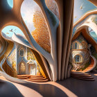 Whimsical forest with stylized trees and organic fantasy architecture