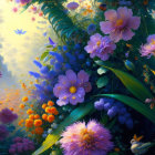 Lush Garden Digital Painting with Dewy Flowers in Mystical Light