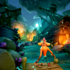 Anthropomorphic fox in adventure attire in mystical forest with glowing lanterns and blue light