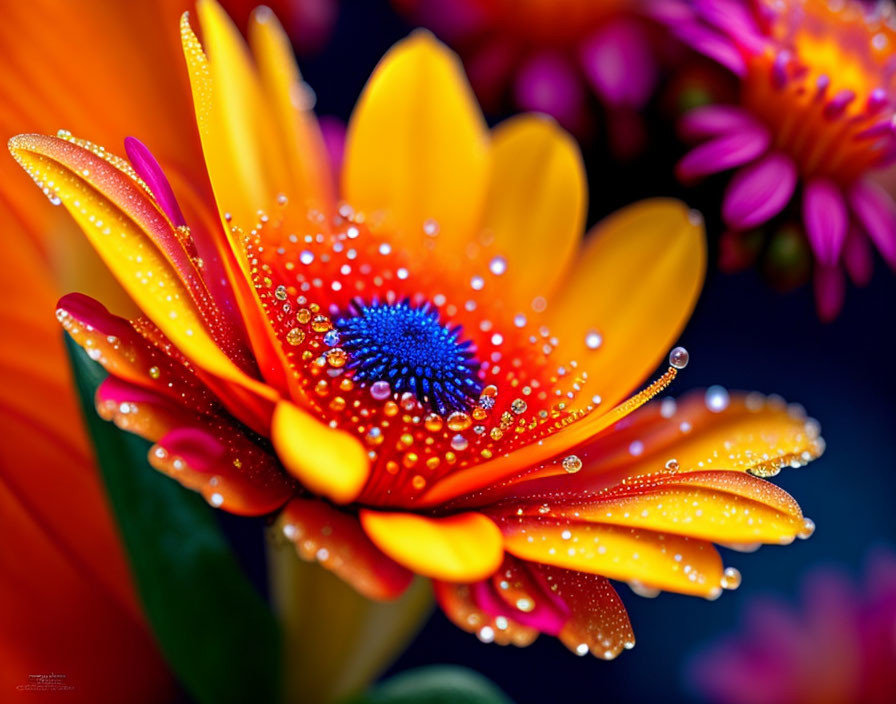 Bright Orange Flower with Water Droplets and Blue Center on Purple Background
