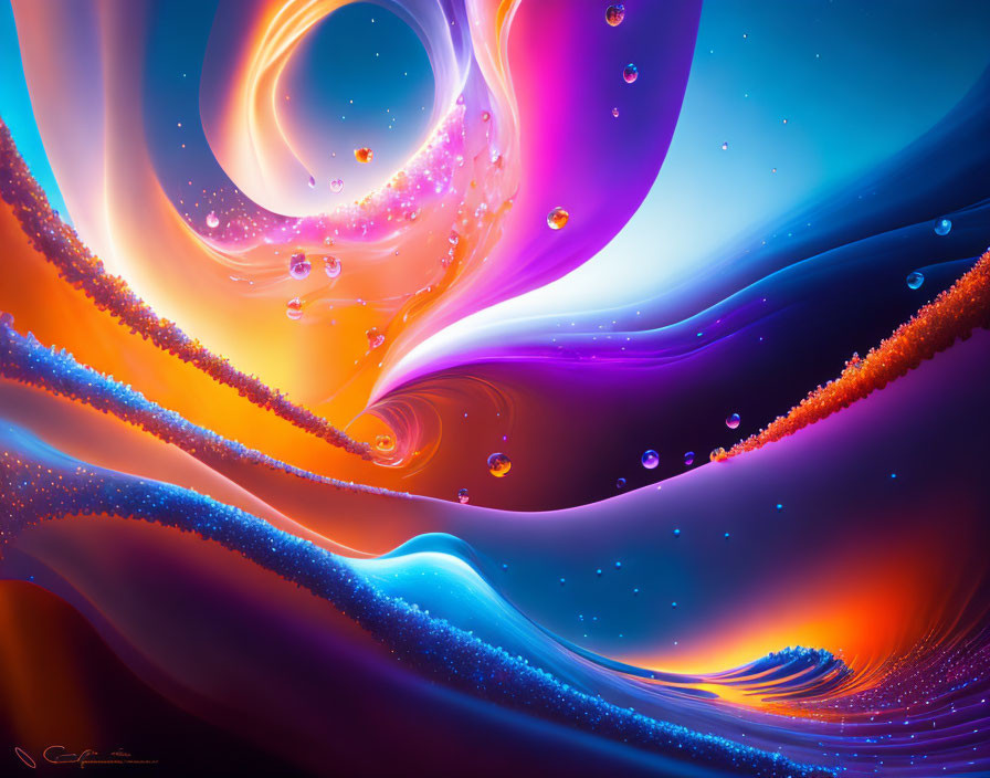 Vibrant swirling patterns and water droplets in blue, orange, and purple
