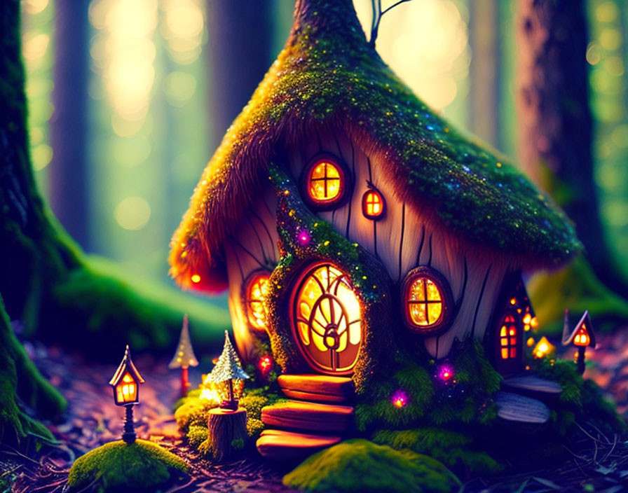 Miniature Fairy Tale House in Magical Forest with Glowing Windows