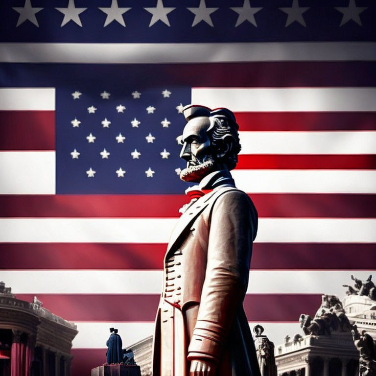 Statue of Abraham Lincoln with American flag backdrop symbolizing patriotism