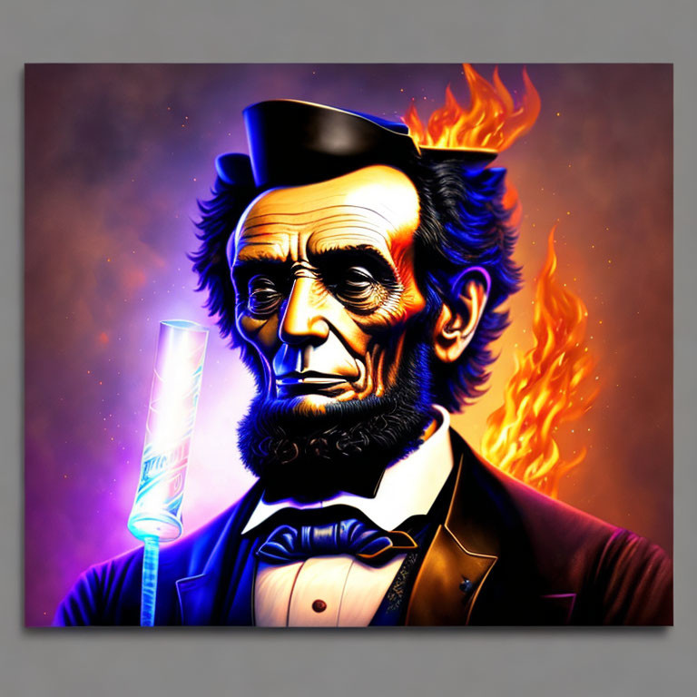 Colorful stylized artwork of Abraham Lincoln with flaming top hat and neon light tube