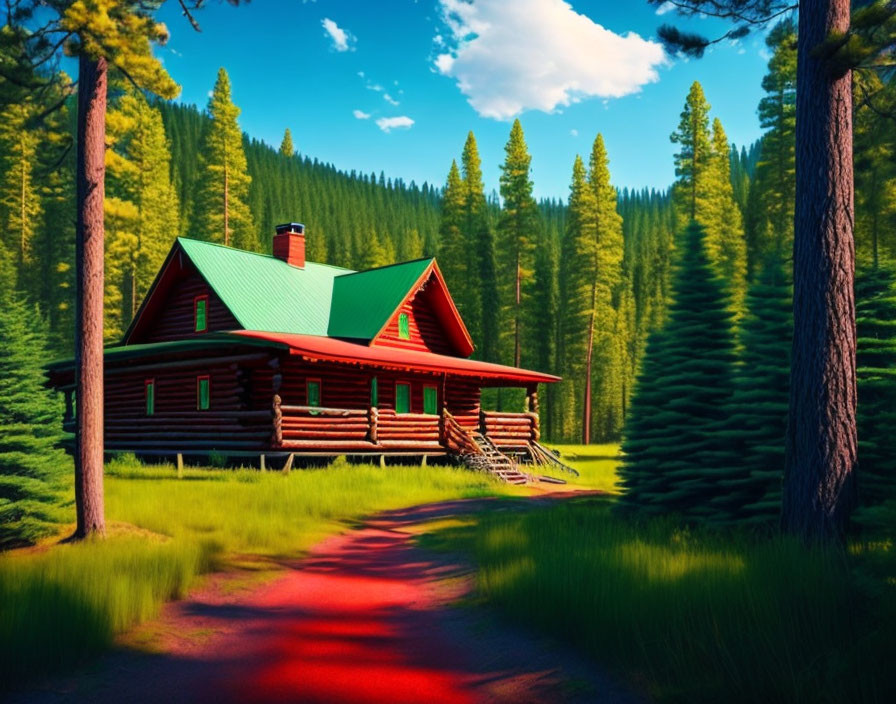 Rustic log cabin with red roof nestled among pine trees and red pathway