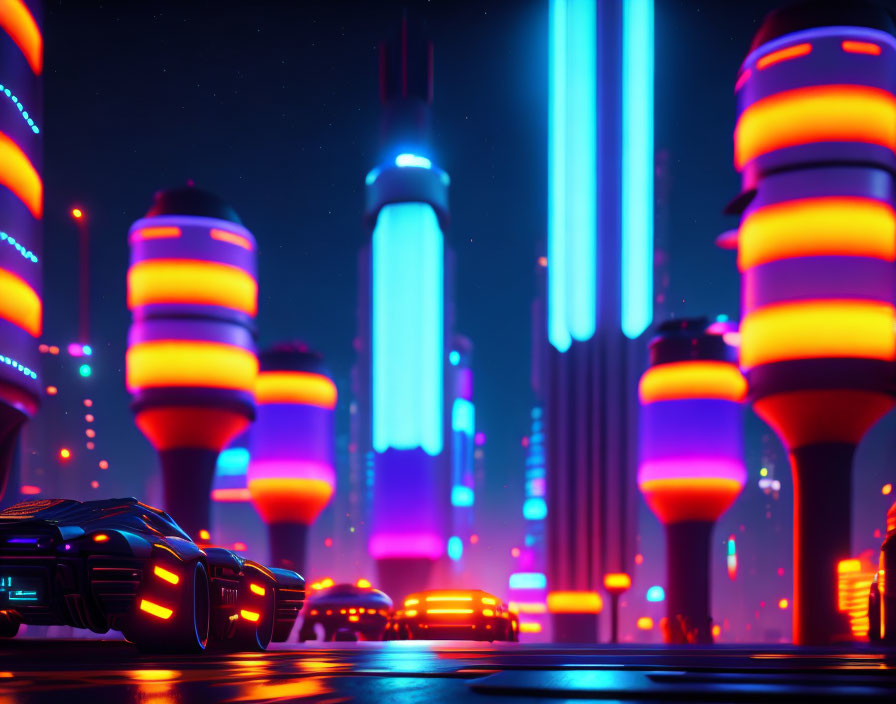 Futuristic night cityscape with neon lights and skyscrapers